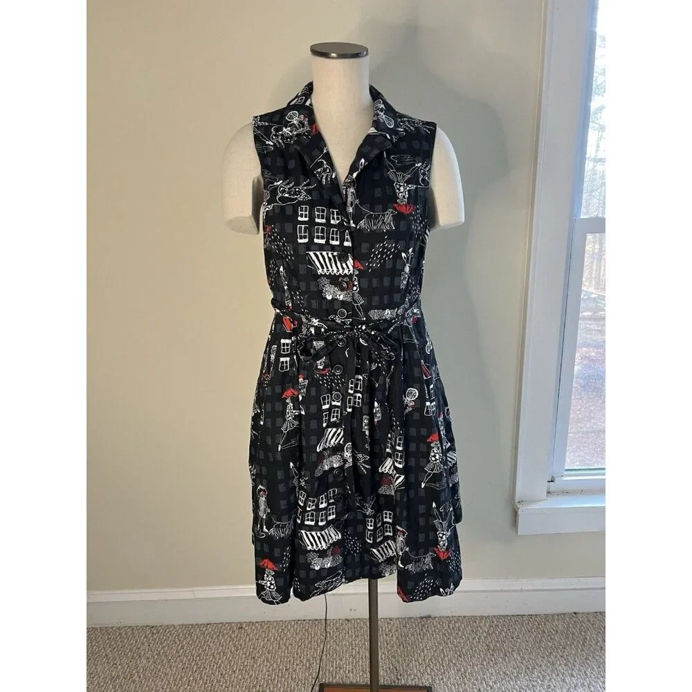 ModCloth Dress L Black Cotton Button Front Fit & Flare Novelty Print Belted - Picture 2 of 11